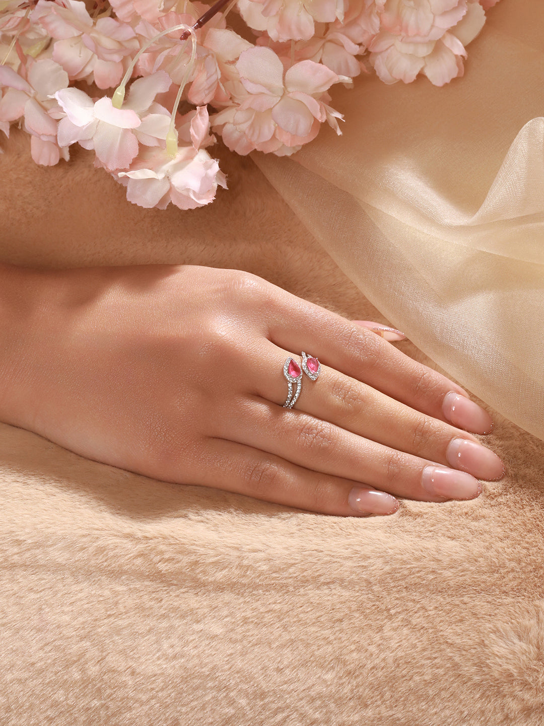 925 Sterling Silver Rhodium Plated Pink AD Studded  Contemporary Adjustable  Finger Ring For Her